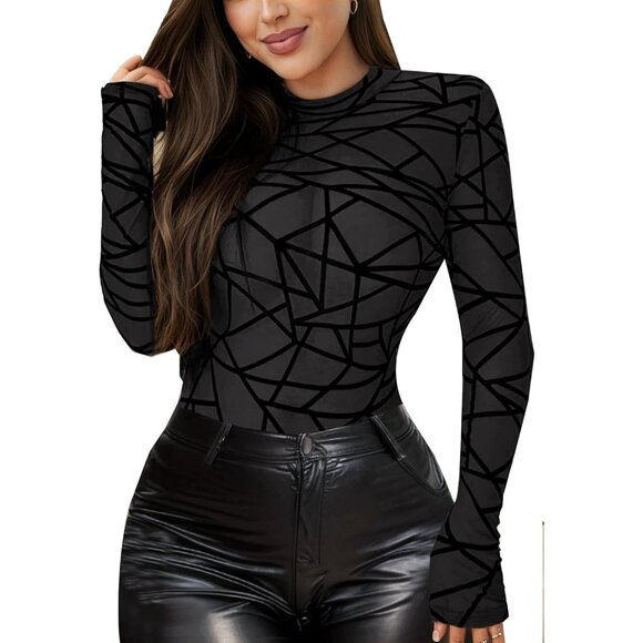 Women Pat1 Long Sleeve Mock Neck Fitted Sexy See Through Mesh Going Out Tops - Picture 1 of 7